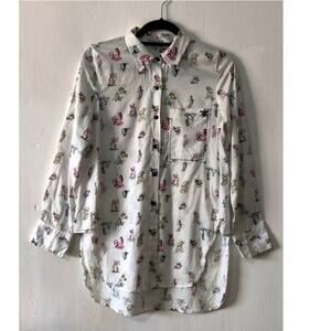 Kosiuko Novelty Women Print Shirt Button Down Size Small White